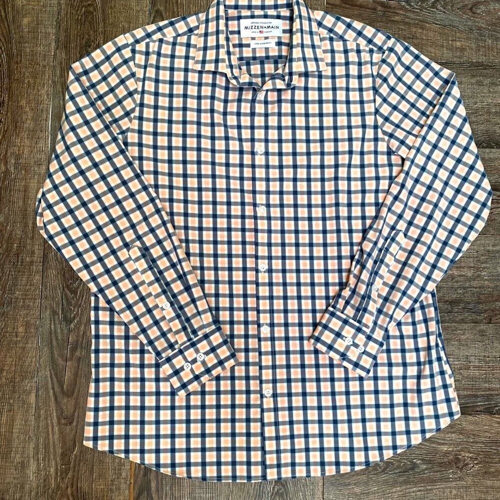 Mizzen+Main Mens Leeward Button Up Shirt Size L Blue Pink Plaid Preppy Travel
